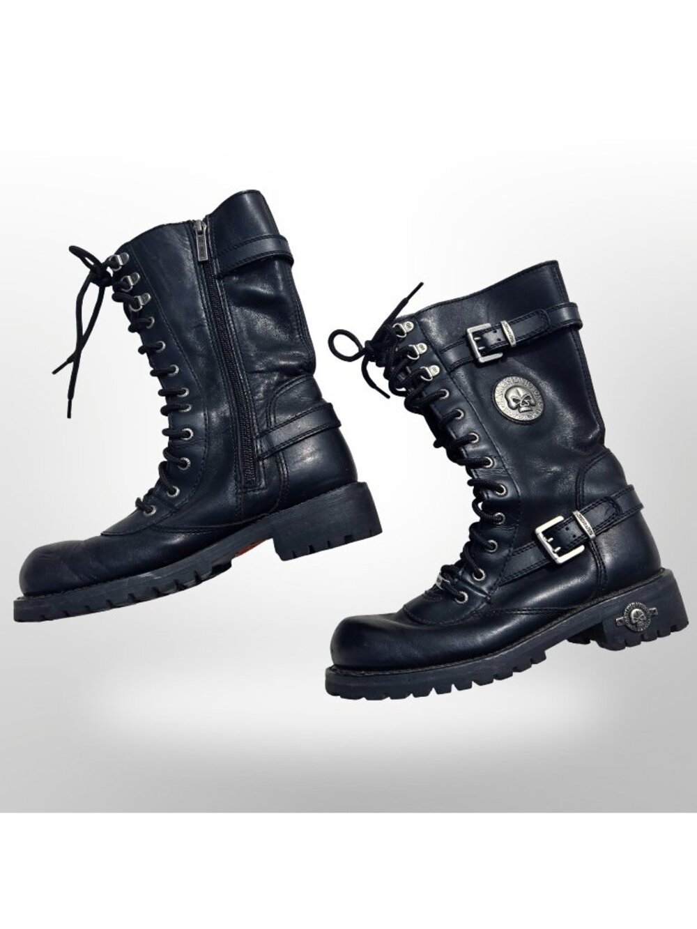 Vintage Harley Davidson Black Lace Up Skull Moto Boots With Buckles Womens 7.5